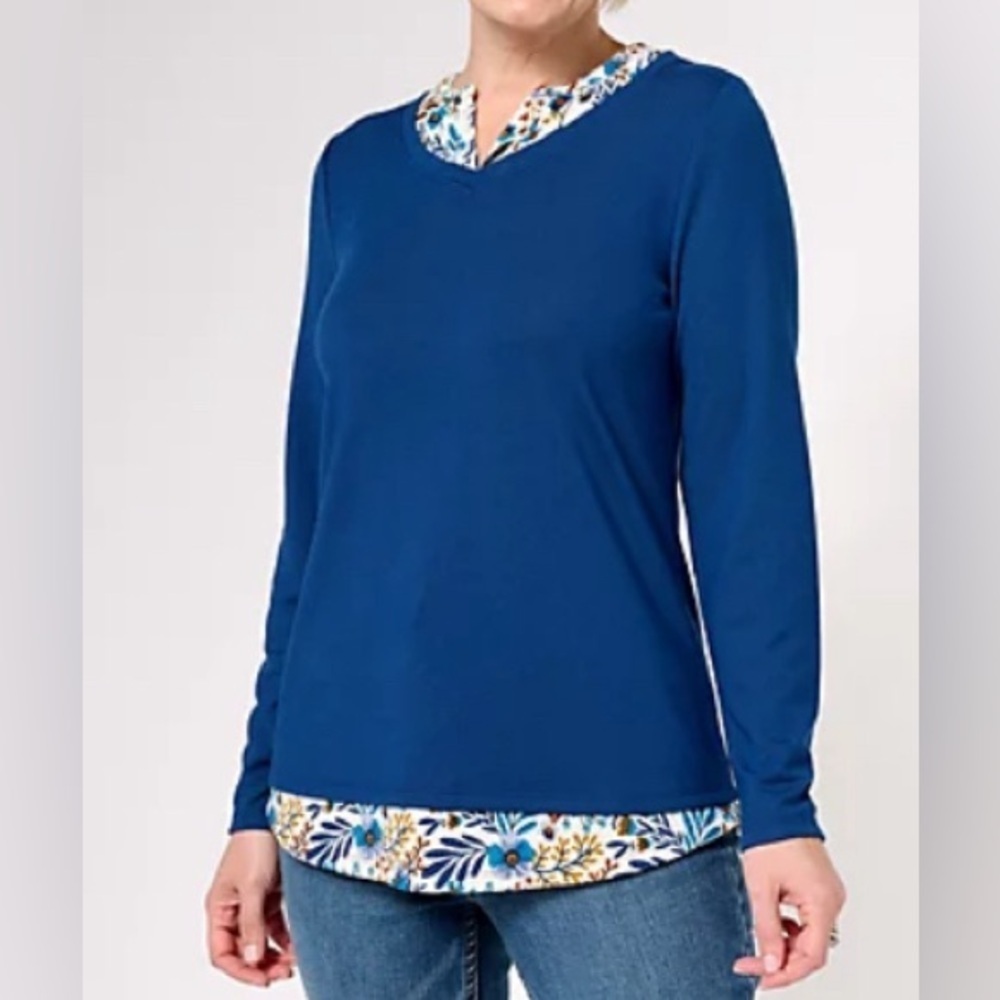 NEW - Denim & Co. Printed Plaid Heavenly Jersey 2Fer LS Top A619117 Night Sky